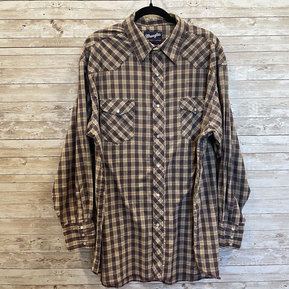 Vintage Wrangler Mens 18x36 Tall‎ Shirt Plaid Pearl Snap X-Long Tails Cowboy Cut